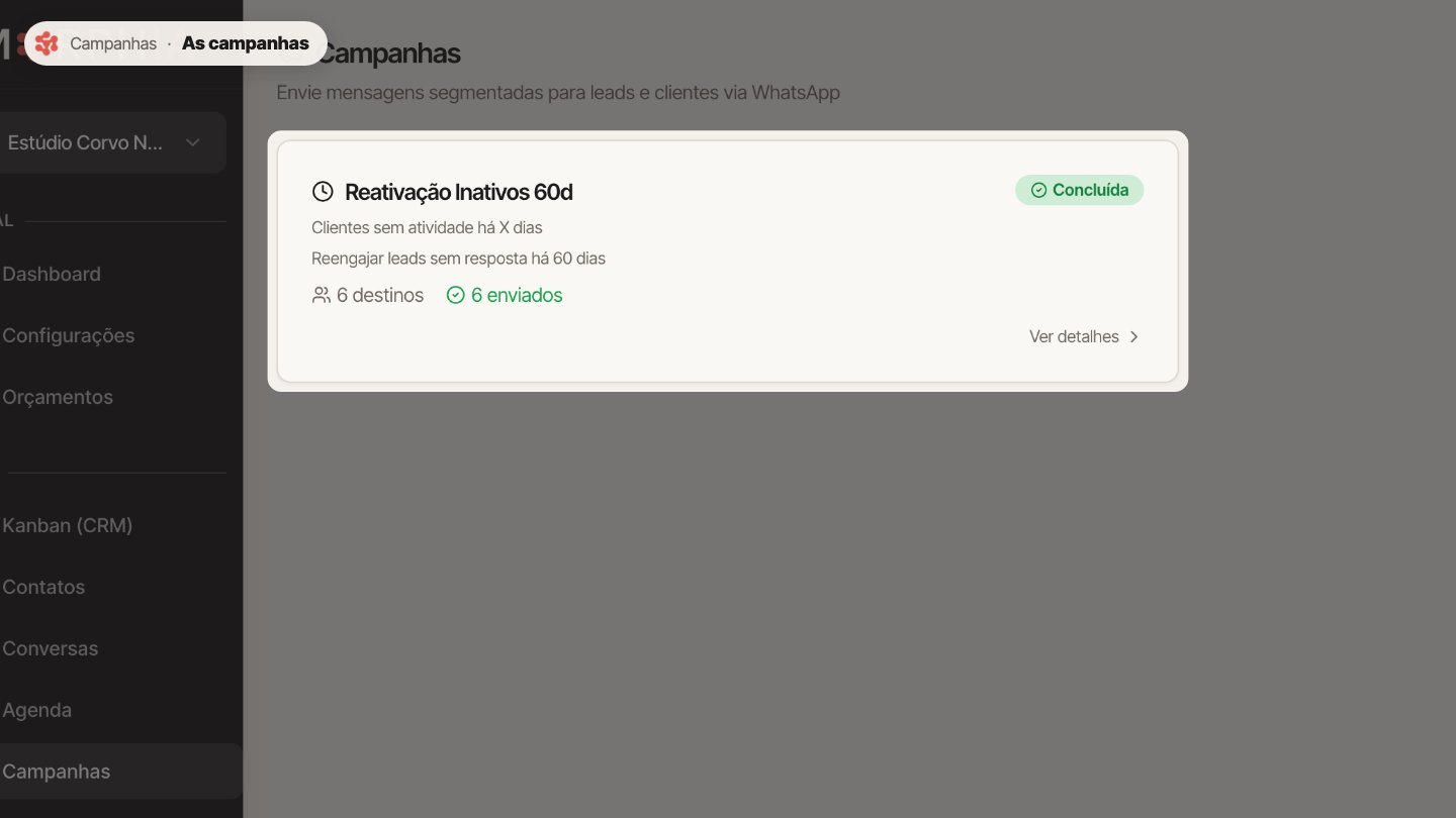 Cada campanha mostra o público, o status e quantas mensagens já foram enviadas.