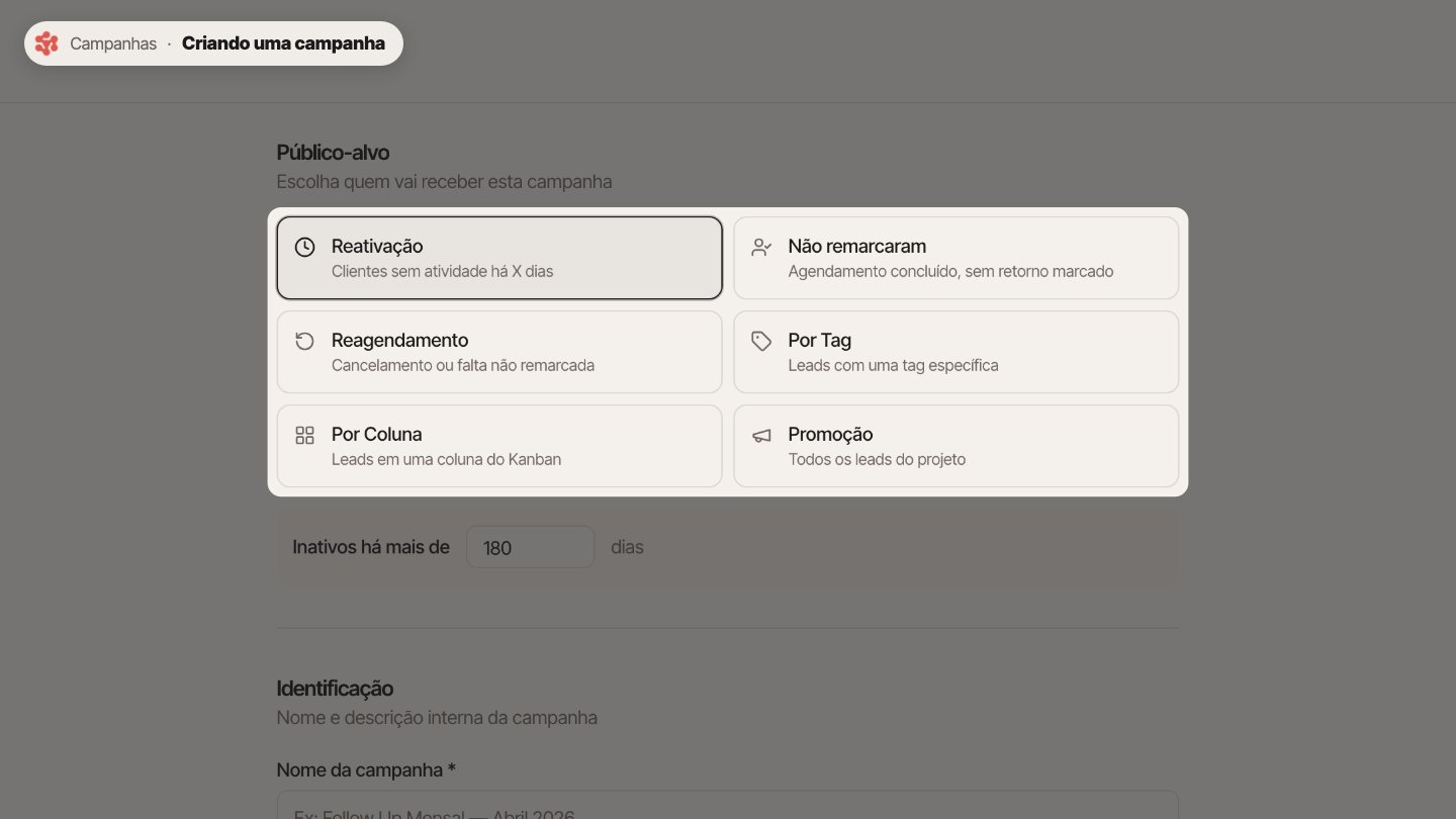 Primeiro, escolha o público. Reativação, por exemplo, pega os clientes sem atividade há um certo número de dias.