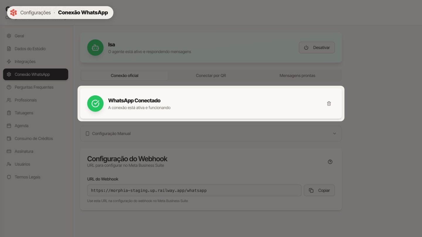 Em Conexão WhatsApp, você vê se o WhatsApp do estúdio está conectado e funcionando.