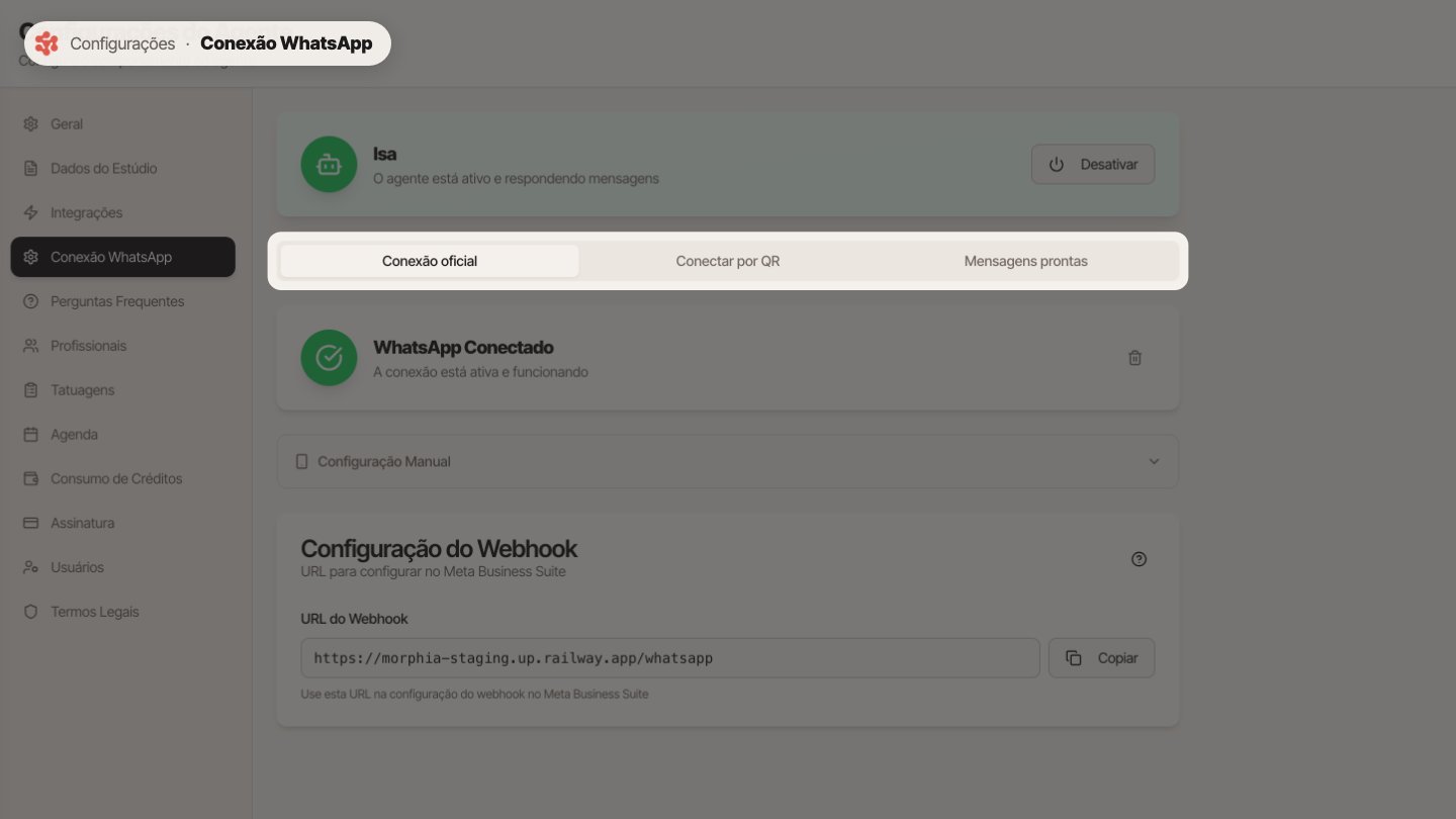 Nas abas, ficam a conexão oficial, a conexão por QR code e as mensagens prontas.