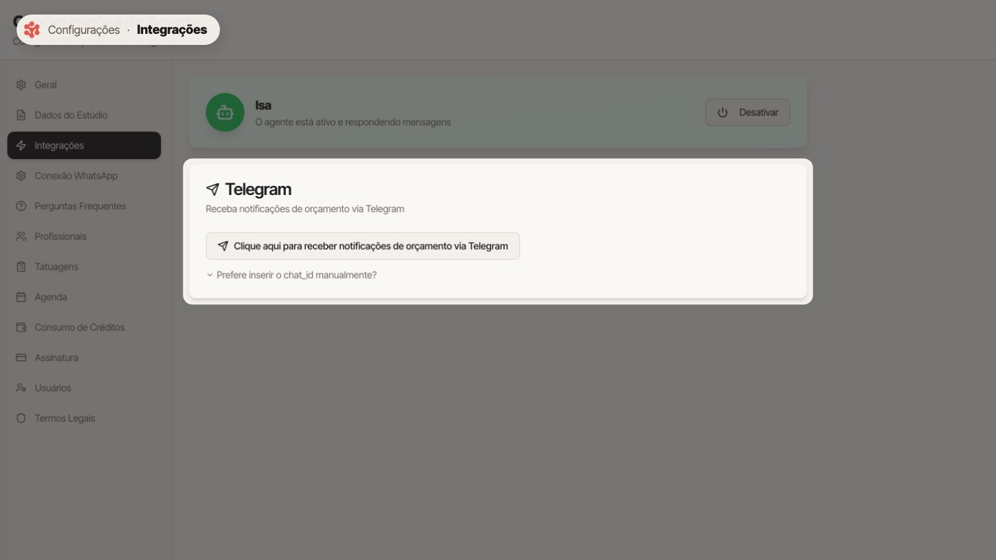 Em Integrações, conecte o Telegram. Assim você recebe cada orçamento novo por lá e pode aprovar sem abrir o sistema.