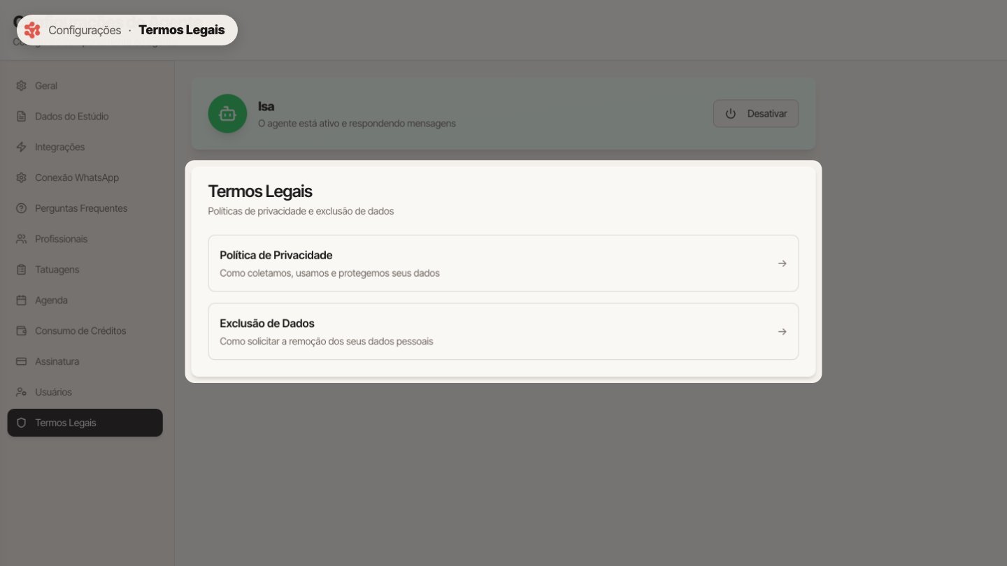 E em Termos Legais, a política de privacidade e como pedir a exclusão de dados.