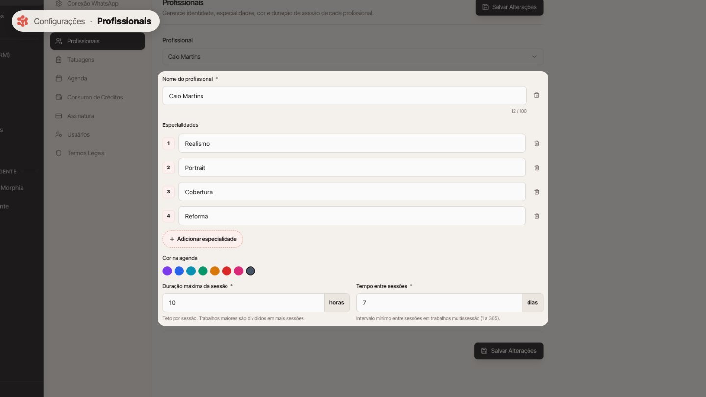 Em Profissionais, cadastre cada artista: o nome, as especialidades, a cor na agenda, a duração máxima da sessão e o tempo entre sessões.