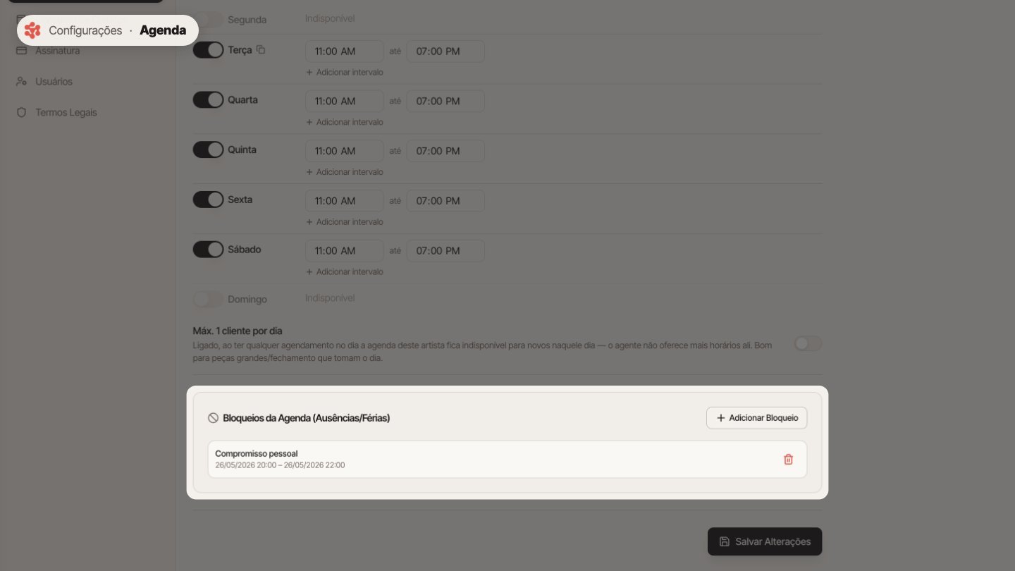 E em Bloqueios da Agenda, registre ausências e férias.