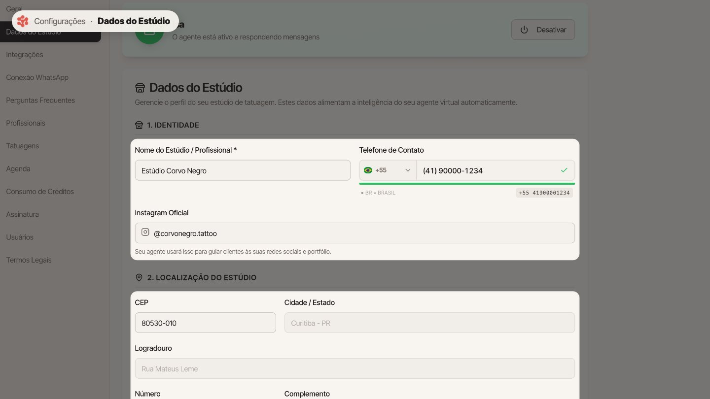 Em Dados do Estúdio, você edita o que preencheu no onboarding: o nome, o telefone, o Instagram e o endereço.