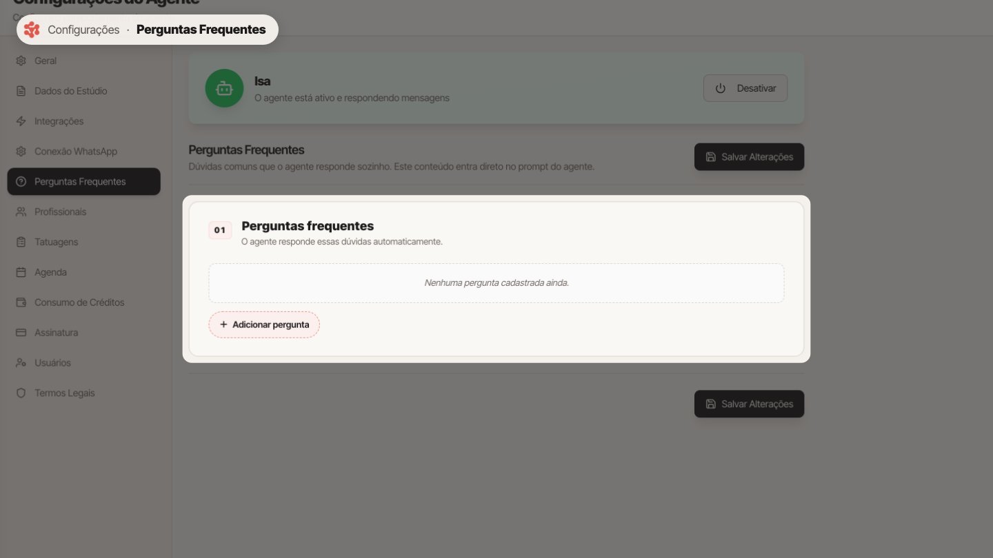 Em Perguntas Frequentes, cadastre as dúvidas comuns dos clientes e as respostas. O agente passa a responder essas dúvidas sozinho.