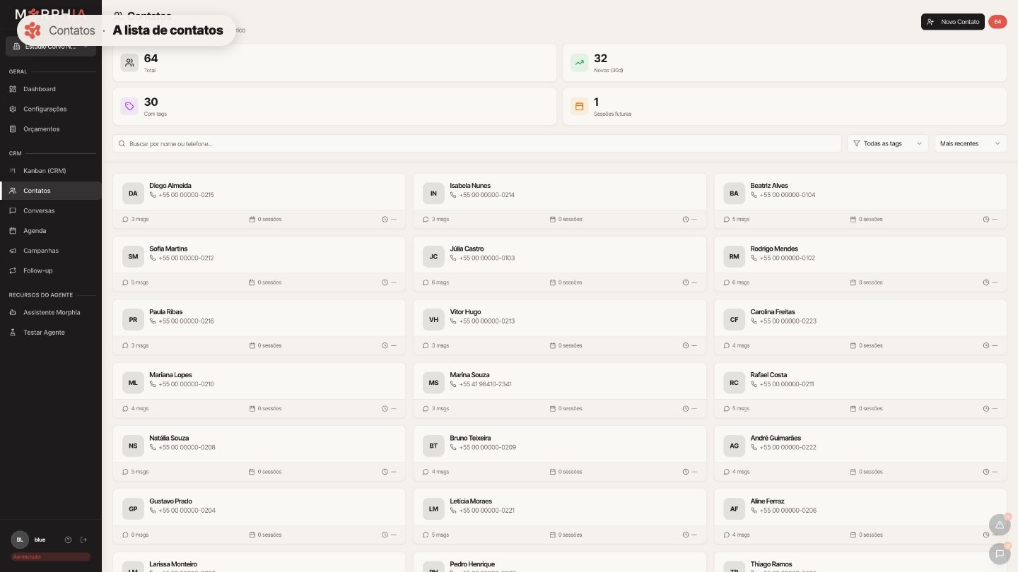Contatos é o cadastro de todo mundo que já falou com você. Diferente do Kanban, que mostra a etapa do funil, aqui você vê todos de uma vez.