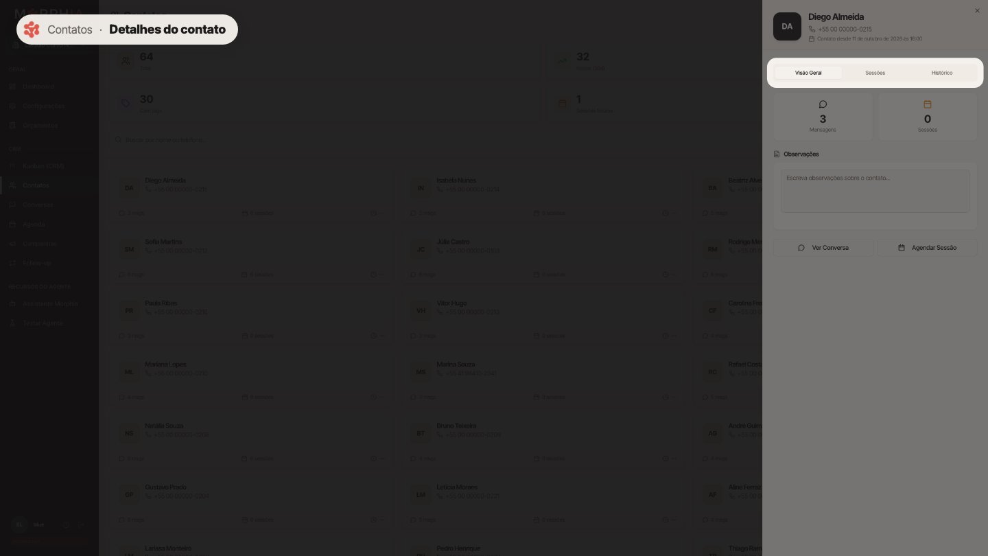 Clique em um contato para ver os detalhes. Em Visão Geral ficam as observações; em Sessões, os agendamentos; e em Histórico, as conversas anteriores.