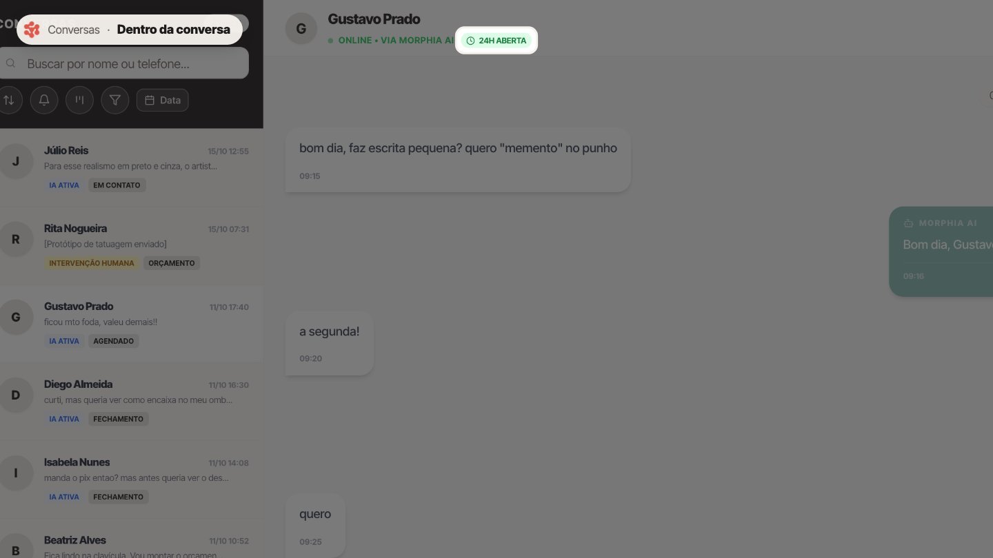 No topo, este selo mostra se a janela de vinte e quatro horas do WhatsApp está aberta. Com ela fechada, só dá para enviar um template aprovado.