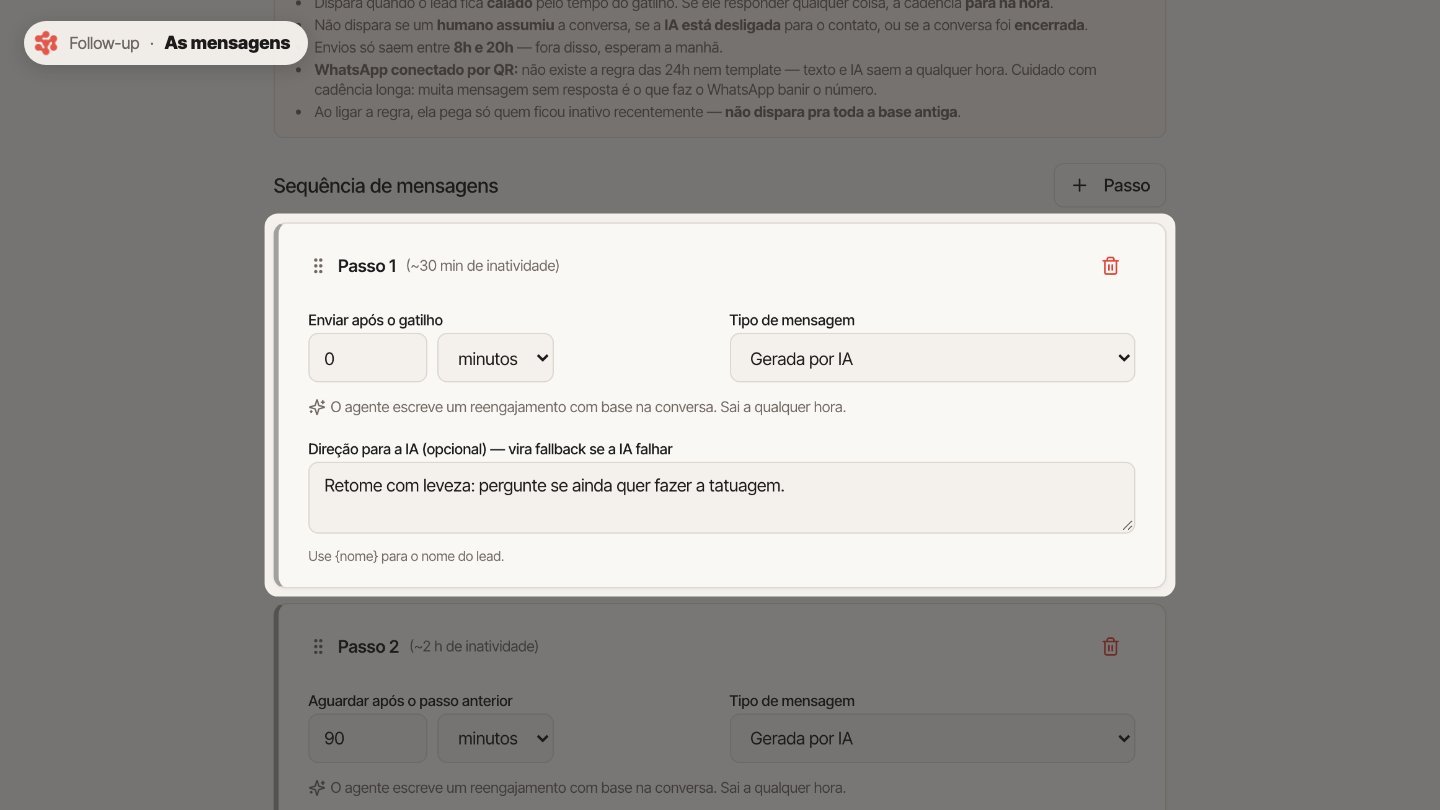 Na sequência, cada passo é uma mensagem. Ela pode ser gerada pela IA, seguindo a direção que você escrever, ou um texto fixo.