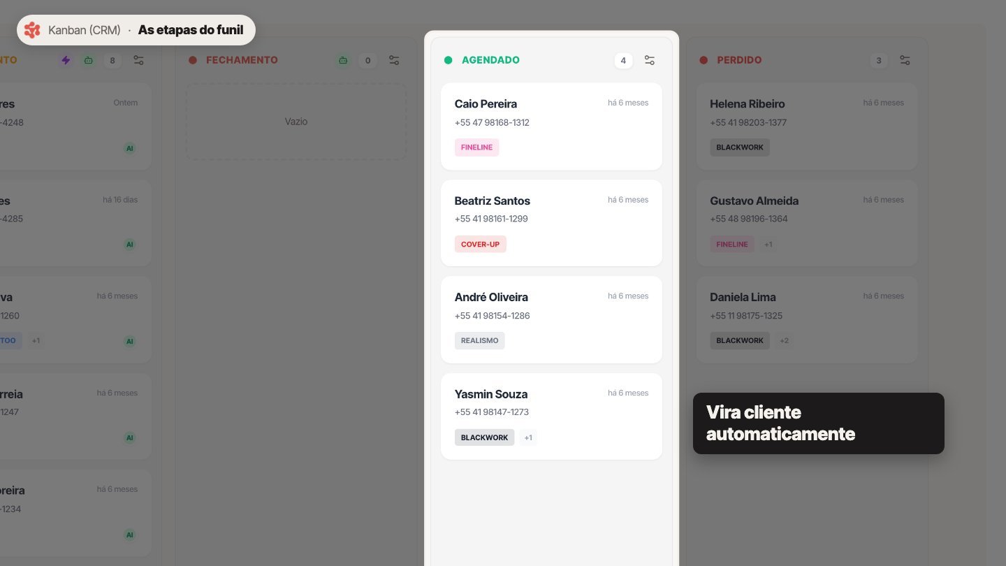 Agendado: tem sessão marcada. Ao chegar aqui, o lead vira cliente automaticamente.