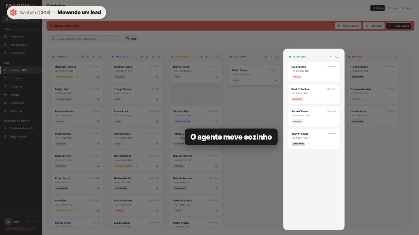 Quando o agente marca um horário pelo WhatsApp, ele mesmo move o lead para Agendado. Você não precisa fazer nada.