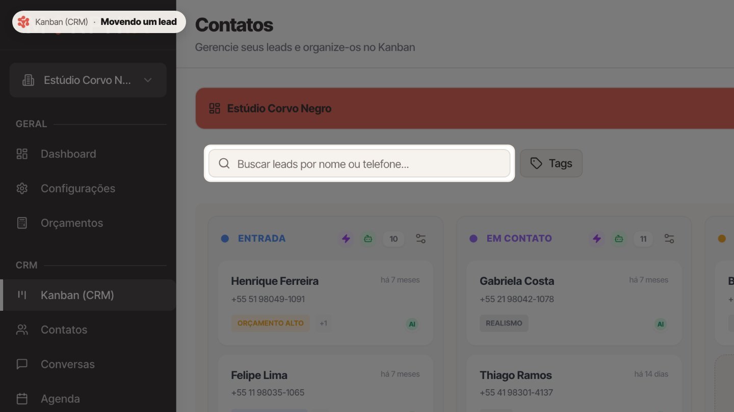 Para achar um lead rápido, use a busca por nome ou telefone.