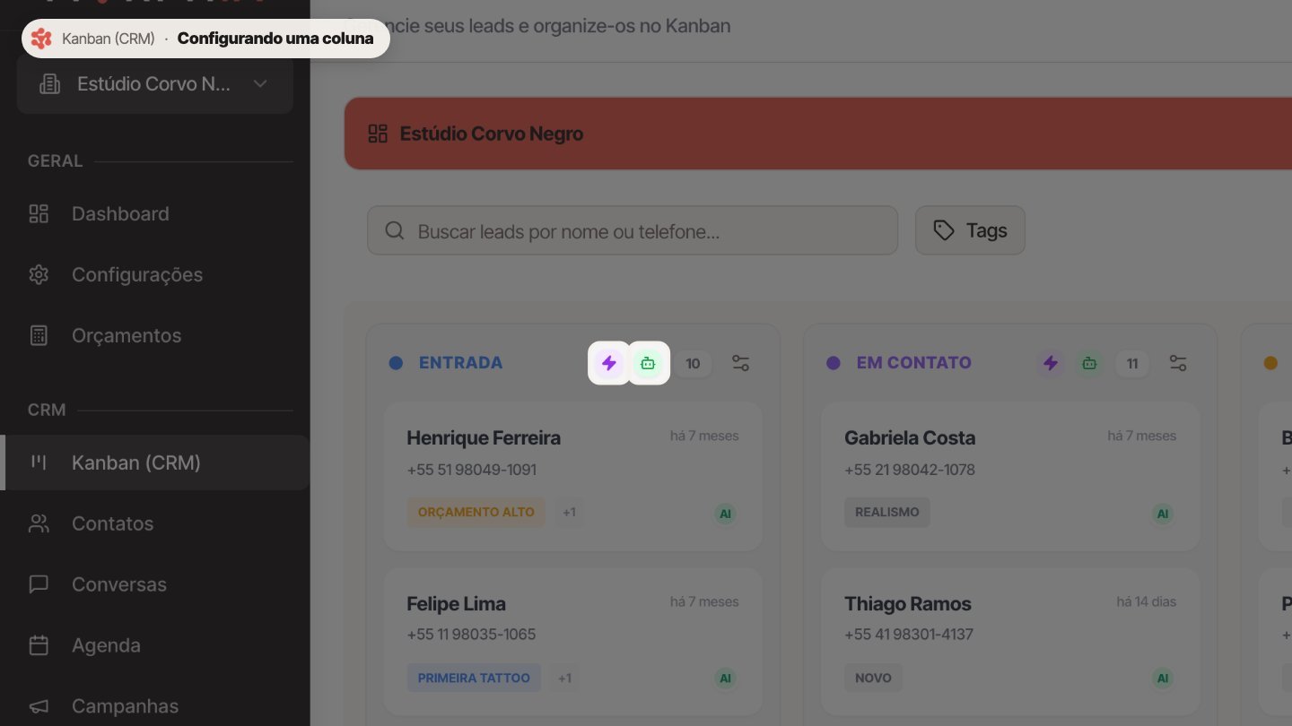 No topo de cada coluna, o raio mostra que o agente pode mover leads para ela, e o robô mostra que o agente responde os leads dessa coluna.