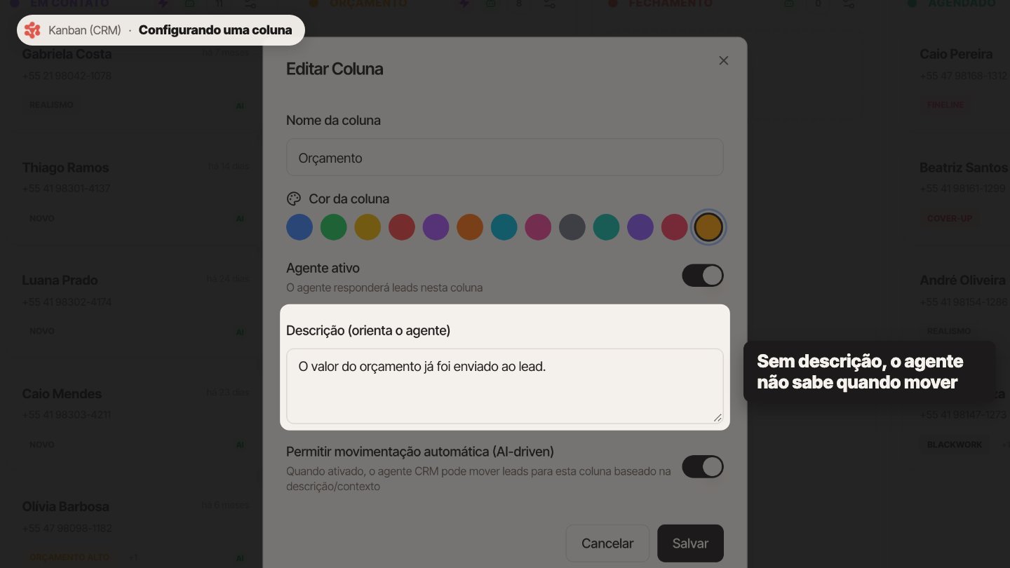 E a descrição é o que orienta o agente nessa decisão. Por exemplo: mover para cá quando o lead demonstrar interesse em comprar.
