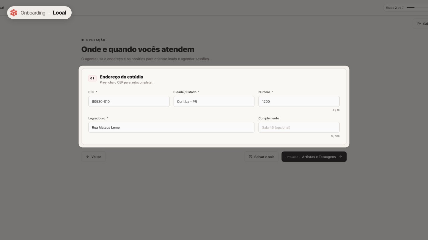 Em Local, cadastre o endereço do estúdio. O agente usa para orientar quem vai até vocês.