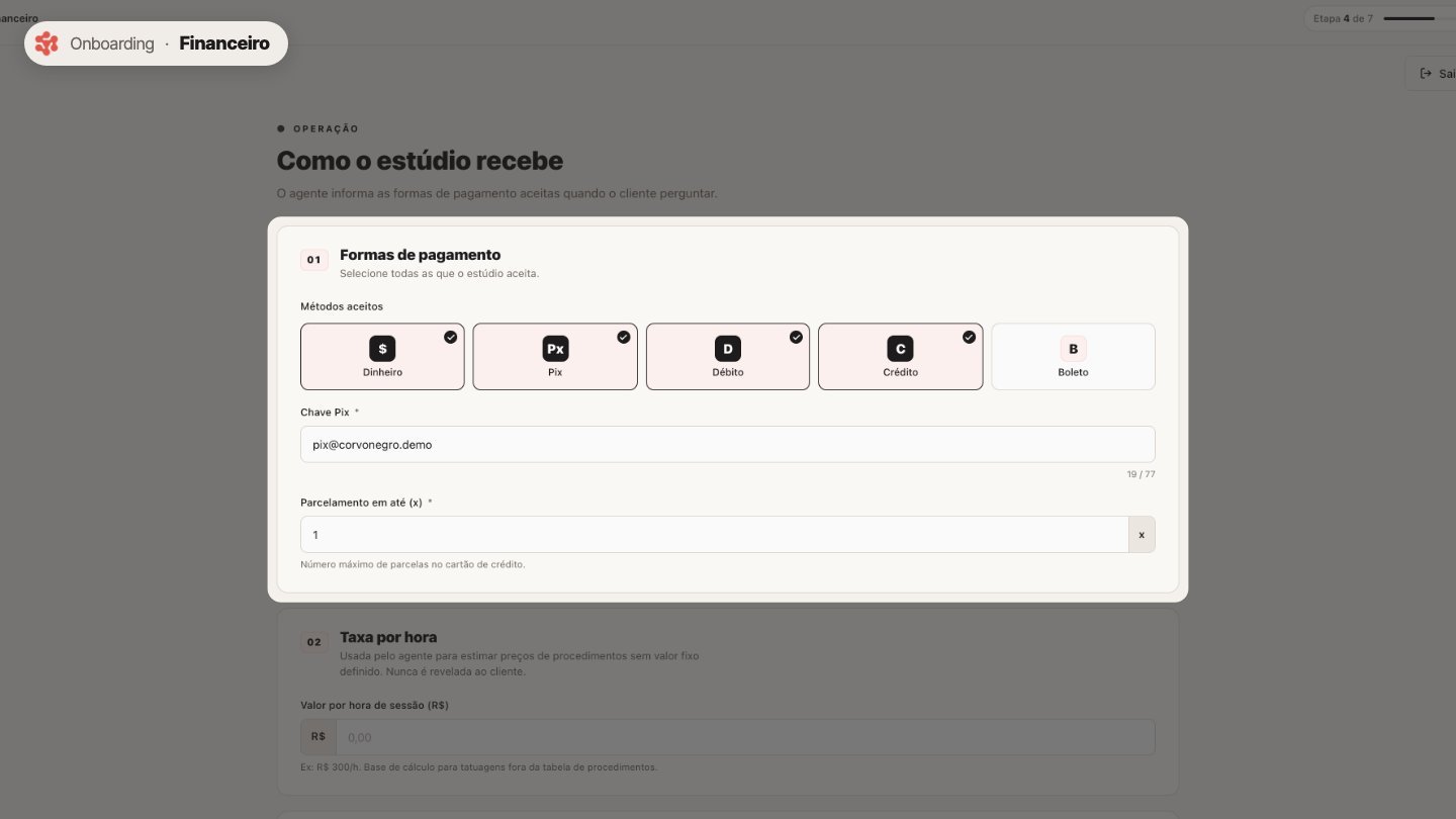 Em Financeiro, marque as formas de pagamento aceitas e a chave Pix.