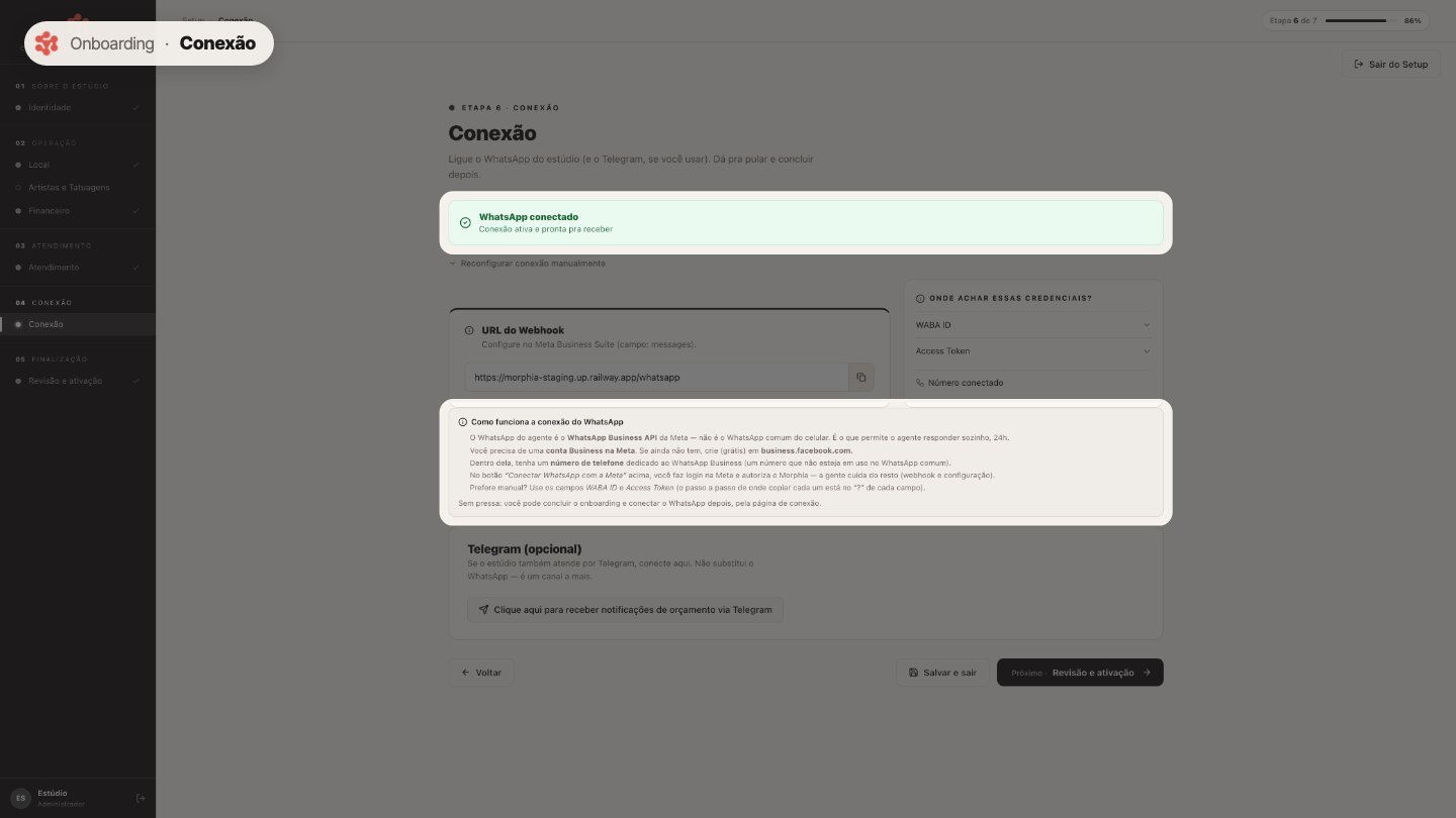 Em Conexão, ligue o WhatsApp Business do estúdio. Este quadro explica o que você precisa: uma conta Business na Meta e um número só para o WhatsApp Business.