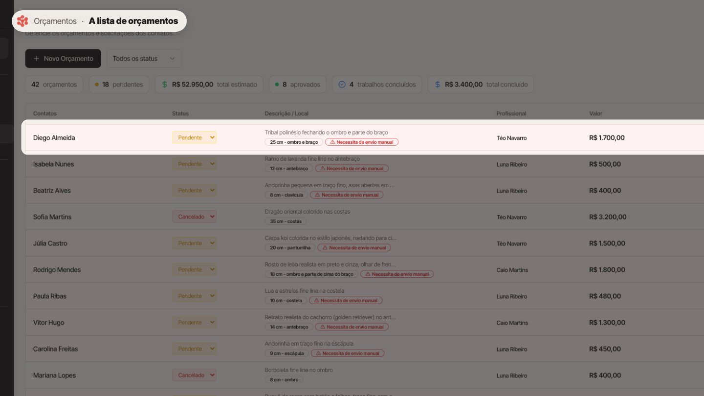 Cada linha mostra o contato, a descrição, o local do corpo, o tamanho, o profissional e o valor.