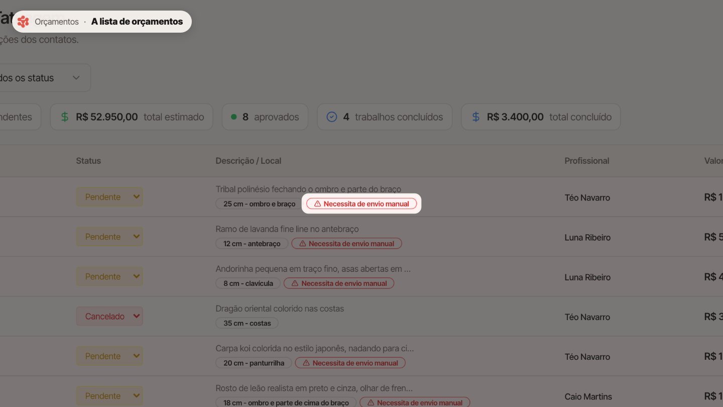 O aviso Necessita de envio manual aparece quando a janela de vinte e quatro horas do WhatsApp já fechou. Aí, a aprovação precisa ser enviada manualmente.