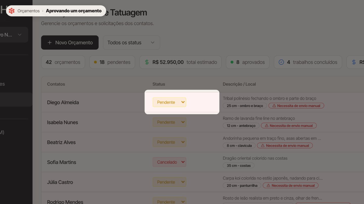 Para aprovar ou concluir, o orçamento precisa ter preço, sessões e tempo por sessão preenchidos.