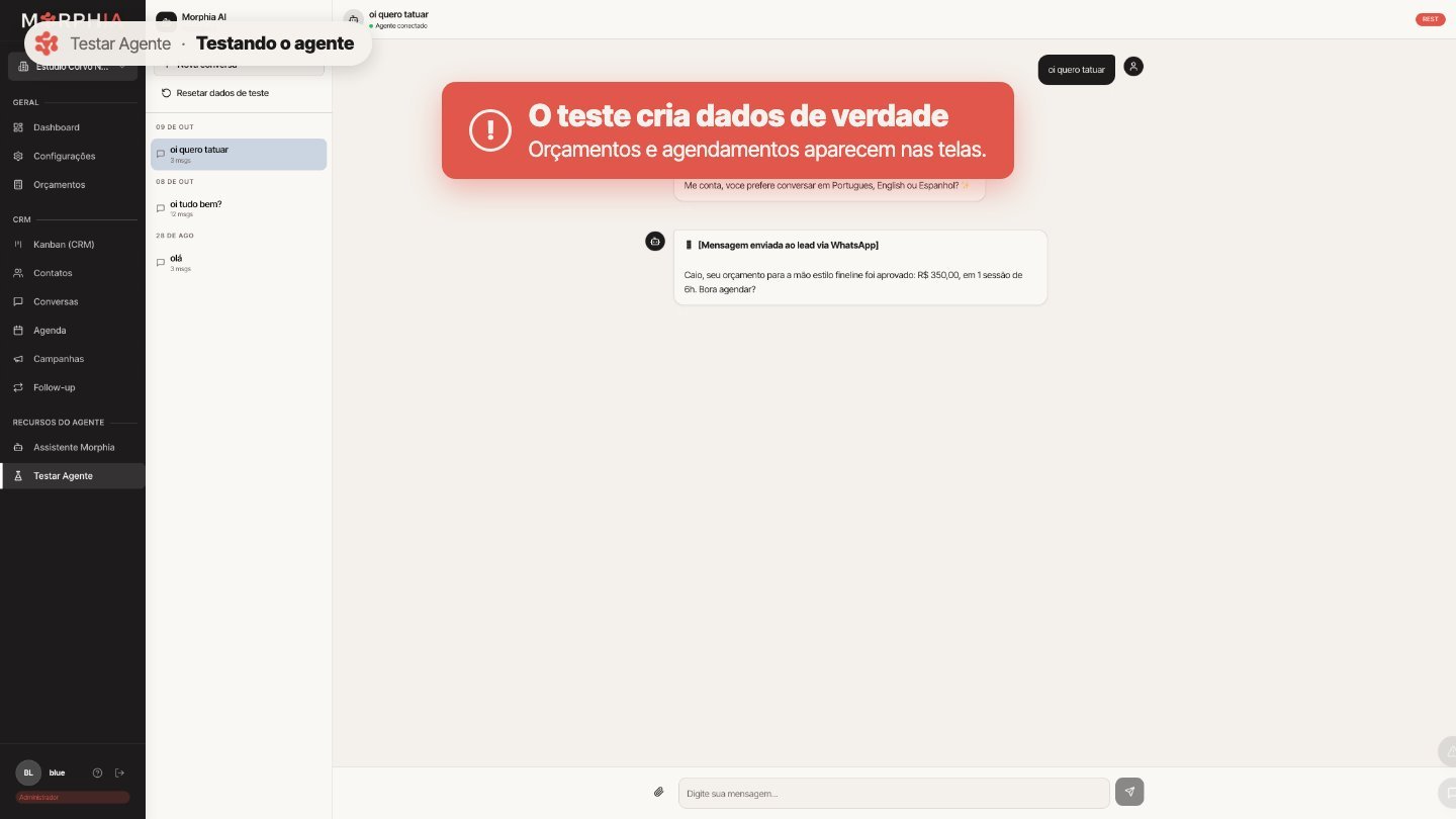 Atenção: os orçamentos e agendamentos criados no teste aparecem de verdade nas telas de Orçamentos e Agenda. É de propósito, para você testar a aprovação.